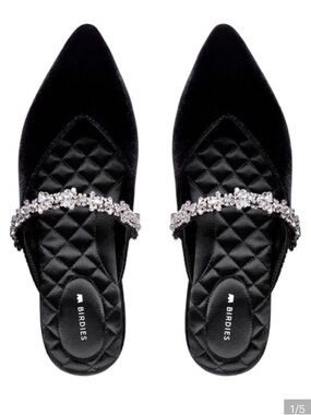 Birdies Swan Black Quilted Pointed Mules with Crystal Embellished Strap